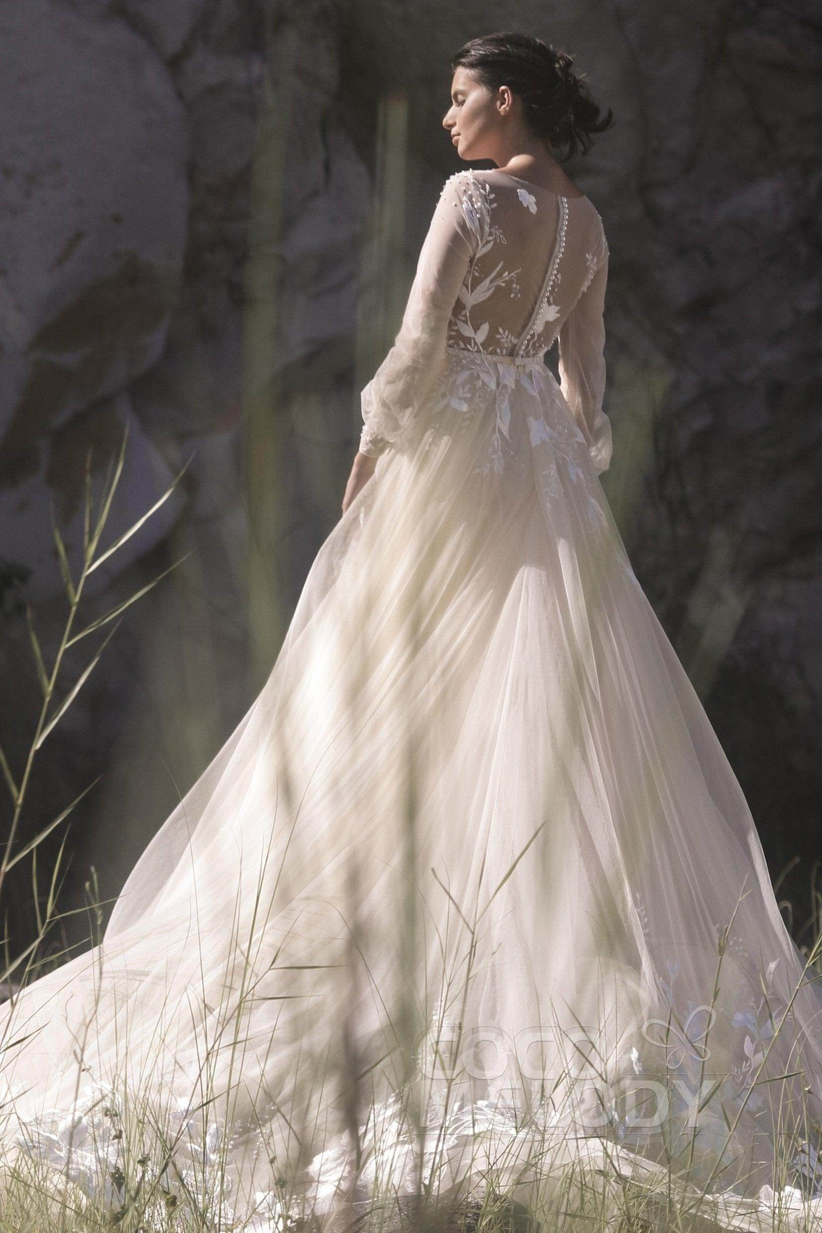 A-Line Chapel Train Tulle Wedding Dress LD5199 - COCOMELODY
